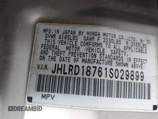 2001 Honda CR-V SE with VIN JHLRD18761S029899, listed as a IAAI auction lot 40825937 with 190,701 mi miles. Bid and sale history available at carsss.com. Image 9.