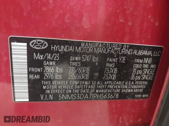 2023 Hyundai Santa Fe SEL z VIN 5NMS3DAJ1PH563678, wystawiony jako IAAI lot #41712478 z przebiegiem 26 151 mil mil oraz . Historia ofert i sprzedaży dostępna na DreamBid. Obrazek 9.