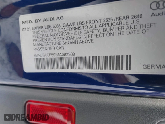 2021 Audi A5 Sportback S line Premium Plus with VIN WAUFACF59MA062909, listed as a IAAI auction lot 41601677 with 11,475 mi miles. Bid and sale history available at carsss.com. Image 9.