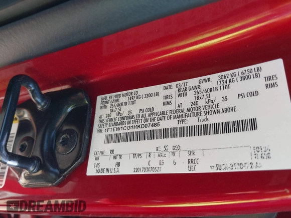 2017 Ford F-150 XL with VIN 1FTEW1CG1HKD07485, listed as a IAAI auction lot 41140015 with 129,555 mi miles. Bid and sale history available at carsss.com. Image 9.