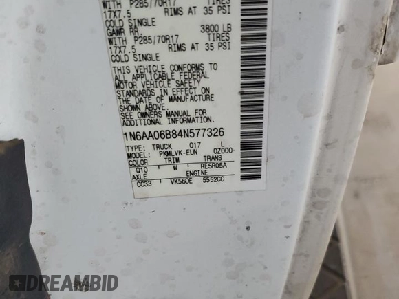 2004 Nissan Titan SE with VIN 1N6AA06B84N577326, listed as a Copart auction lot 59724355 with 179,549 mi miles and Salvage title. Bid and sale history available at DreamBid. Image 12.