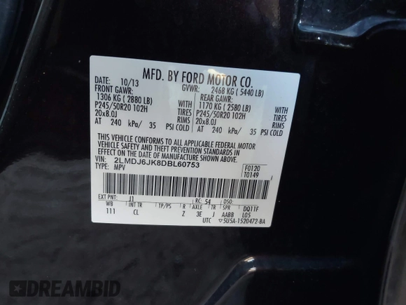 2013 Lincoln MKX with VIN 2LMDJ6JK8DBL60753, listed as a IAAI auction lot 41760954 with 121,714 mi miles. Bid and sale history available at carsss.com. Image 9.