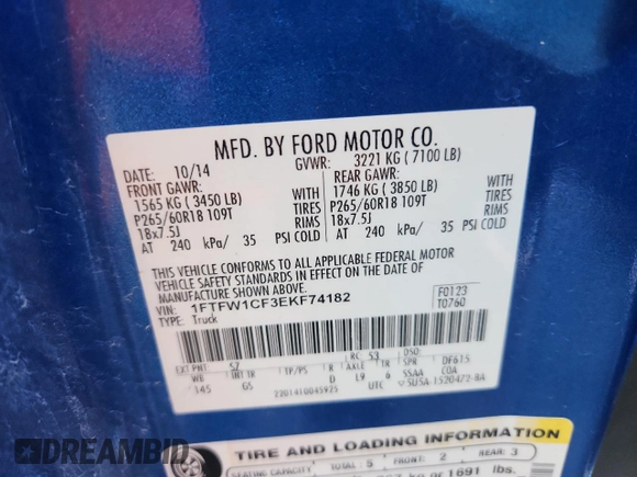 2014 Ford F-150 XL z VIN 1FTFW1CF3EKF74182, wystawiony jako Copart lot #63774235 z przebiegiem 101 208 mil mil oraz Szkoda całkowita • Salvage title. Historia ofert i sprzedaży dostępna na DreamBid. Obrazek 12.