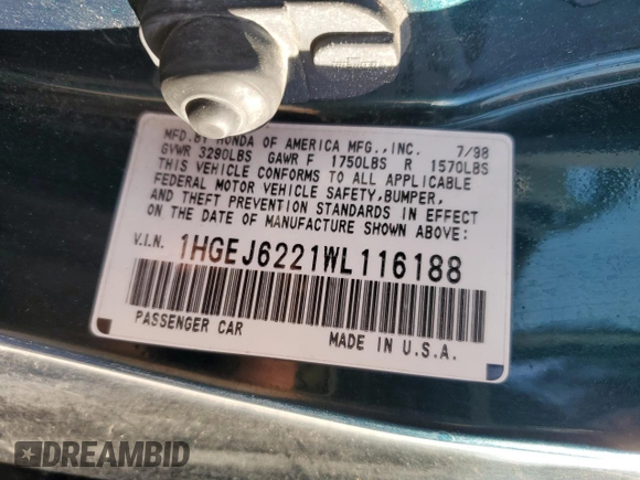1998 Honda Civic DX with VIN 1HGEJ6221WL116188, listed as a Copart auction lot 47105105 with 50,017 mi miles and Salvage Title. Bid and sale history available at DreamBid. Image 14.