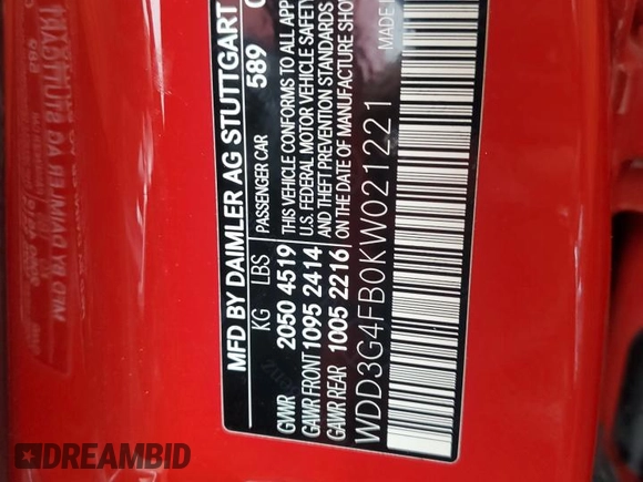 2019 Mercedes-Benz A 220 с VIN WDD3G4FB0KW021221, выставлен на аукционе Copart как лот 54312055 с пробегом 64 568 миль миль и Списание • Salvage title. История ставок и продаж доступна на DreamBid. Изображение 12.