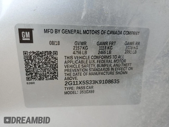 2019 Chevrolet Impala LS with VIN 2G11X5S33K9108635, listed as a Copart auction lot 49684115 with 90,828 mi miles and Salvage Title. Bid and sale history available at DreamBid. Image 13.