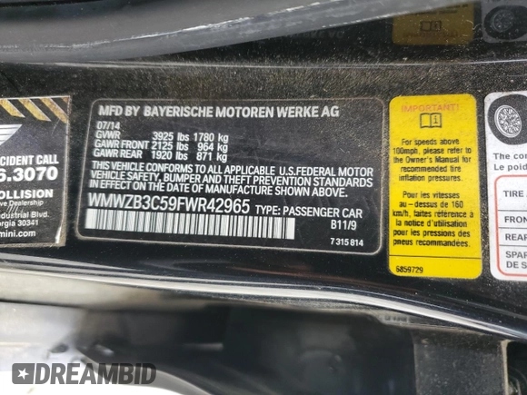 2015 MINI Countryman with VIN WMWZB3C59FWR42965, listed as a Copart auction lot 55329785 with 56,641 mi miles and Clean Title. Bid and sale history available at DreamBid. Image 13.