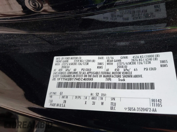 2017 Ford F-250 Lariat with VIN 1FT7W2BT7HEC40595, listed as a IAAI auction lot 42406668 with Not provided miles and . Bid and sale history available at DreamBid. Image 9.