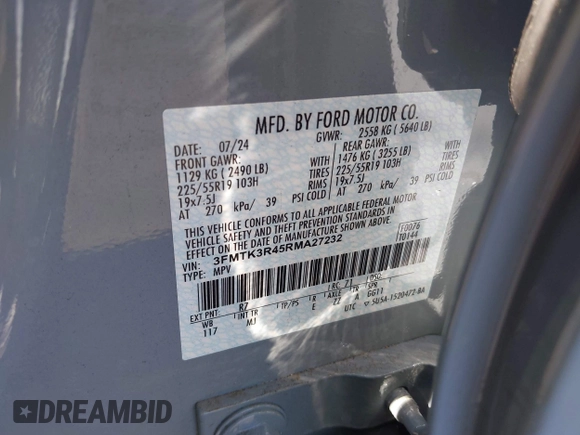 2024 Ford Mustang Mach-E Premium с VIN 3FMTK3R45RMA27232, выставлен на аукционе IAAI как лот 42289046 с пробегом 10 624 миль миль и . История ставок и продаж доступна на DreamBid. Изображение 9.