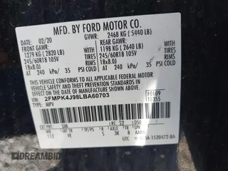 2020 Ford Edge SEL с VIN 2FMPK4J98LBA60703, выставлен на аукционе IAAI как лот 42109267 с пробегом 90 981 миль миль и . История ставок и продаж доступна на DreamBid. Изображение 9.
