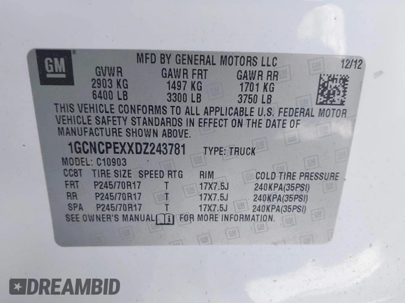 2013 Chevrolet Silverado 1500 Work Truck with VIN 1GCNCPEXXDZ243781, listed as a IAAI auction lot 41299674 with 159,744 mi miles and . Bid and sale history available at DreamBid. Image 9.