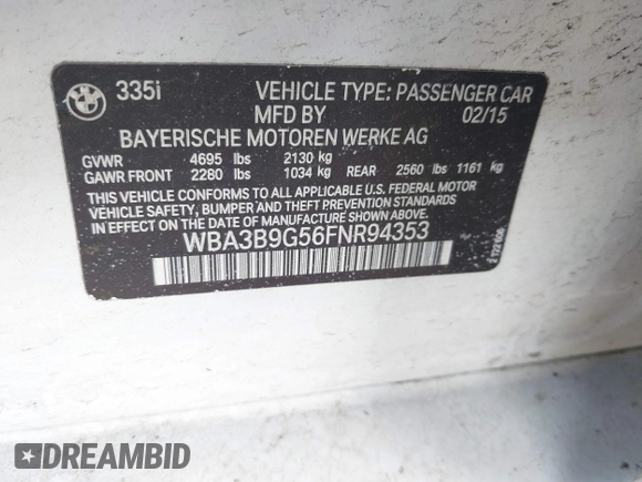 2015 BMW 3 Series 335i xDrive with VIN WBA3B9G56FNR94353, listed as a IAAI auction lot 41759393 with 121,136 mi miles and . Bid and sale history available at carsss.com. Image 9.