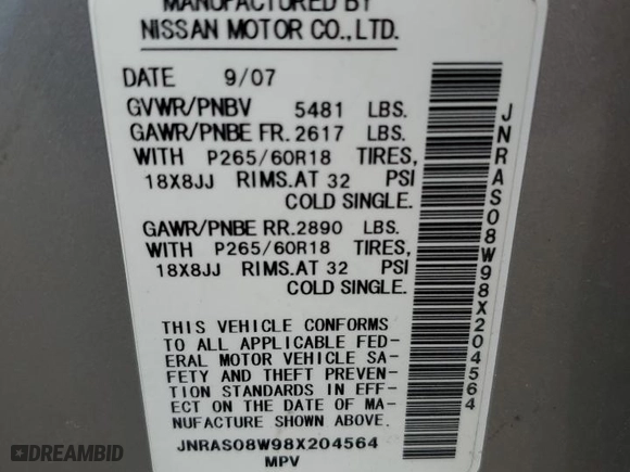 2008 Infiniti FX35 with VIN JNRAS08W98X204564, listed as a Copart auction lot 69335644 with 288,226 mi miles and Salvage Title. Bid and sale history available at carsss.com. Image 13.