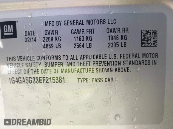 2014 Buick LaCrosse with VIN 1G4GA5G33EF215381, listed as a IAAI auction lot 42092301 with 36,625 mi miles. Bid and sale history available at carsss.com. Image 9.