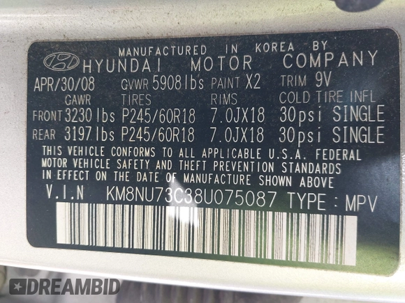 2008 Hyundai Veracruz GLS with VIN KM8NU73C38U075087, listed as a IAAI auction lot 42817571 with 185,379 mi miles and . Bid and sale history available at DreamBid. Image 9.