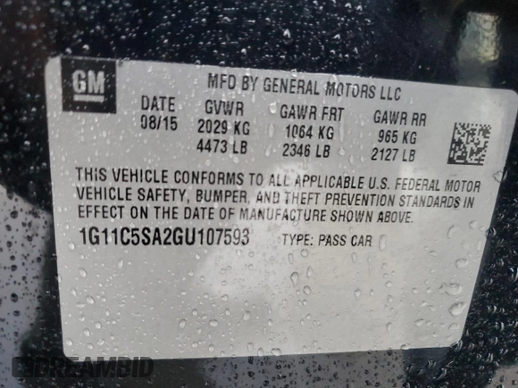 2016 Chevrolet Malibu LT with VIN 1G11C5SA2GU107593, listed as a Copart auction lot 54170555 with 142,888 mi miles and Clean Title. Bid and sale history available at carsss.com. Image 12.