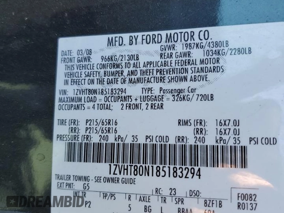 2008 Ford Mustang Deluxe with VIN 1ZVHT80N185183294, listed as a Copart auction lot 49825745 with 173,283 mi miles and Salvage Title. Bid and sale history available at carsss.com. Image 12.