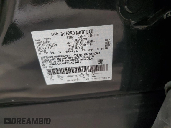 2023 Ford Explorer XLT с VIN 1FMSK8DH2PGA08471, выставлен на аукционе Copart как лот 59688775 с пробегом 21 116 миль миль и Списание • Salvage title. История ставок и продаж доступна на DreamBid. Изображение 13.