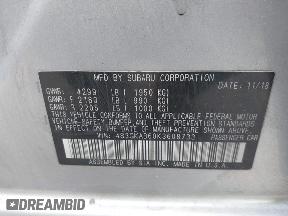 2019 Subaru Impreza with VIN 4S3GKAB60K3608733, listed as a IAAI auction lot 42361729 with 58,863 mi miles and . Bid and sale history available at DreamBid. Image 9.
