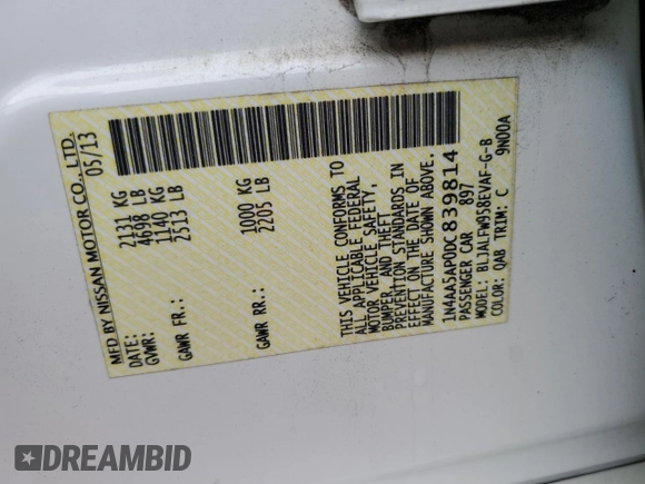 2013 Nissan Maxima S with VIN 1N4AA5AP0DC839814, listed as a Copart auction lot 59580805 with 217,636 mi miles and Salvage title. Bid and sale history available at DreamBid. Image 12.