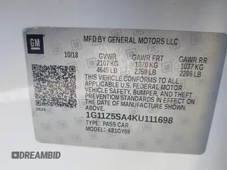 2019 Chevrolet Impala LT with VIN 1G11Z5SA4KU111698, listed as a IAAI auction lot 41943449 with 122,133 mi miles and . Bid and sale history available at DreamBid. Image 9.