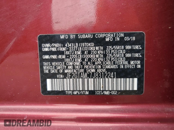 2018 Subaru Crosstrek Limited with VIN JF2GTAMC7J8312241, listed as a Copart auction lot 60807585 with 156,046 mi miles and Salvage title. Bid and sale history available at DreamBid. Image 13.
