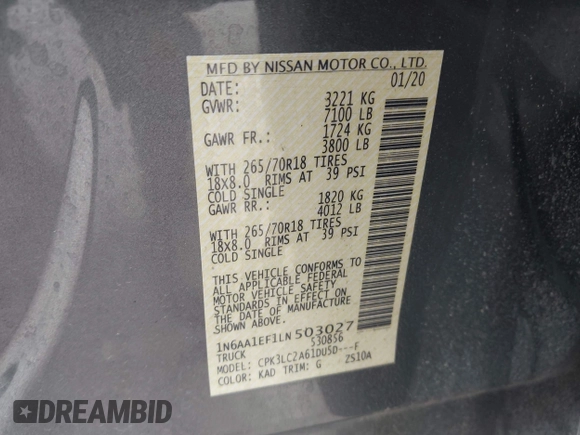 2020 Nissan Titan Platinum Reserve with VIN 1N6AA1EF1LN503027, listed as a IAAI auction lot 41937860 with 88,250 mi miles and . Bid and sale history available at DreamBid. Image 9.