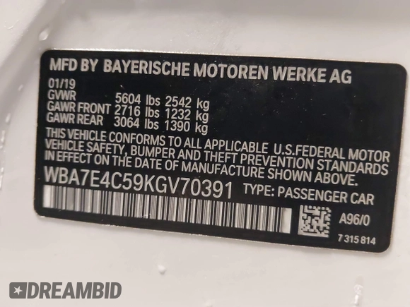 2019 BMW 7 Series 740i xDrive with VIN WBA7E4C59KGV70391, listed as a IAAI auction lot 41531991 with 70,017 mi miles and . Bid and sale history available at carsss.com. Image 9.