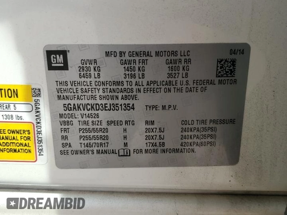 2014 Buick Enclave Premium with VIN 5GAKVCKD3EJ351354, listed as a Copart auction lot 49095355 with 219,862 mi miles and Salvage Title. Bid and sale history available at DreamBid. Image 13.