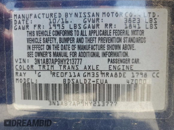 2017 Nissan Sentra SV z VIN 3N1AB7AP9HY213777, wystawiony jako Copart lot #53172795 z przebiegiem 86 088 mil mil oraz Szkoda całkowita • Salvage title. Historia ofert i sprzedaży dostępna na DreamBid. Obrazek 14.