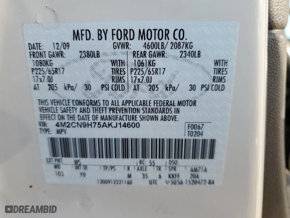 2010 Mercury Mariner Premier with VIN 4M2CN9H75AKJ14600, listed as a Copart auction lot 73352894 with 145,328 mi miles and Salvage Title. Bid and sale history available at carsss.com. Image 16.