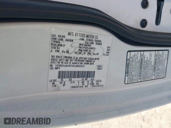 2005 Ford Explorer Eddie Bauer with VIN 1FMDU64WX5UB50331, listed as a IAAI auction lot 42436988 with 239,156 mi miles and . Bid and sale history available at DreamBid. Image 9.