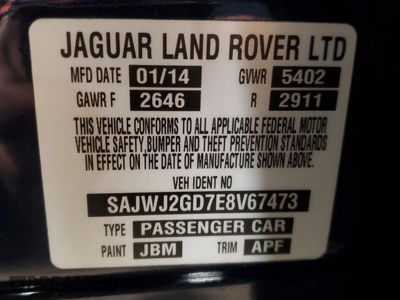 2014 Jaguar XJ Portfolio with VIN SAJWJ2GD7E8V67473, listed as a Copart auction lot 43968705 with 99,146 mi miles and Salvage title. Bid and sale history available at DreamBid. Image 12.
