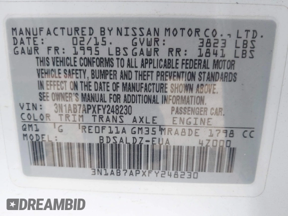 2015 Nissan Sentra SV with VIN 3N1AB7APXFY248230, listed as a IAAI auction lot 41613507 with 168,744 mi miles and . Bid and sale history available at DreamBid. Image 9.