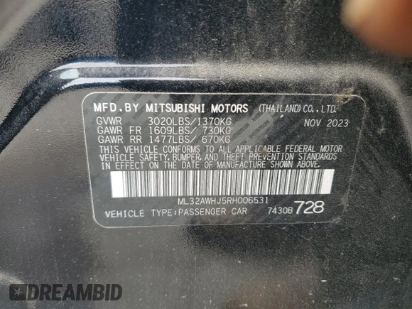 2024 Mitsubishi Mirage Black Edition with VIN ML32AWHJ5RH006531, listed as a Copart auction lot 56031835 with 6,800 mi miles and Clean title. Bid and sale history available at DreamBid. Image 12.