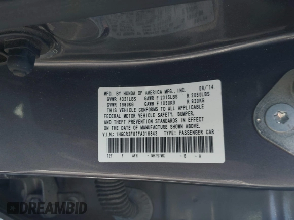 2015 Honda Accord EX-L с VIN 1HGCR2F87FA016843, выставлен на аукционе IAAI как лот 42065833 с пробегом 139 147 миль миль и . История ставок и продаж доступна на DreamBid. Изображение 9.