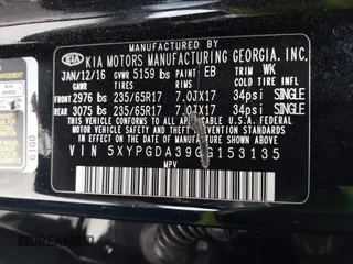 2016 Kia Sorento LX with VIN 5XYPGDA39GG153135, listed as a IAAI auction lot 41903352 with 144,557 mi miles. Bid and sale history available at carsss.com. Image 9.
