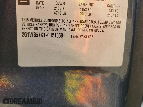 2009 Chevrolet Impala LS with VIN 2G1WB57K191151058, listed as a Copart auction lot 54712315 with 128,307 mi miles and Salvage Title. Bid and sale history available at DreamBid. Image 13.