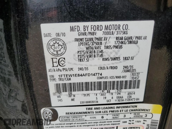 2010 Ford F-150 XL with VIN 1FTEW1E84AFD14774, listed as a Copart auction lot 60530435 with 150,299 mi miles and Salvage title. Bid and sale history available at DreamBid. Image 12.