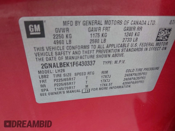 2015 Chevrolet Equinox LT with VIN 2GNALBEK1F6430337, listed as a IAAI auction lot 42519444 with 159,630 mi miles and . Bid and sale history available at DreamBid. Image 9.