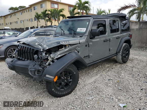 2021 Jeep Wrangler Unlimited Willys with VIN 1C4HJXDM6MW628041, listed as a Copart auction lot 51366415 with 22,697 mi miles and Salvage title. Bid and sale history available at DreamBid. Image 1.
