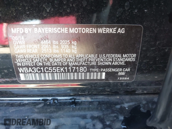 2014 BMW 3 Series 328i with VIN WBA3C1C55EK117180, listed as a IAAI auction lot 41389969 with 163,760 mi miles. Bid and sale history available at carsss.com. Image 9.