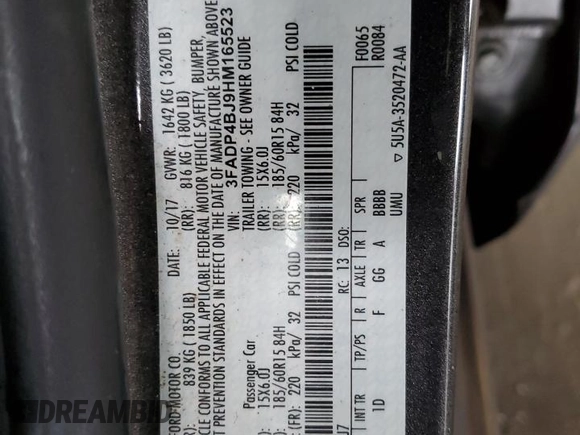 2017 Ford Fiesta SE z VIN 3FADP4BJ9HM165523, wystawiony jako Copart lot #70295532 z przebiegiem 91 318 mil mil oraz Szkoda całkowita • Salvage title. Historia ofert i sprzedaży dostępna na DreamBid. Obrazek 12.