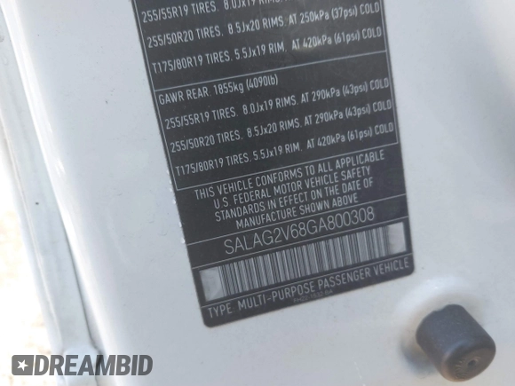 2016 Land Rover LR4 HSE with VIN SALAG2V68GA800308, listed as a IAAI auction lot 41307574 with 97,370 mi miles and . Bid and sale history available at DreamBid. Image 9.