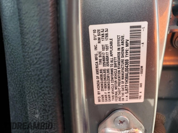 2010 Honda Accord Crosstour EX with VIN 5J6TF1H38AL004369, listed as a Copart auction lot 52634255 with 201,437 mi miles and Salvage Title. Bid and sale history available at carsss.com. Image 12.
