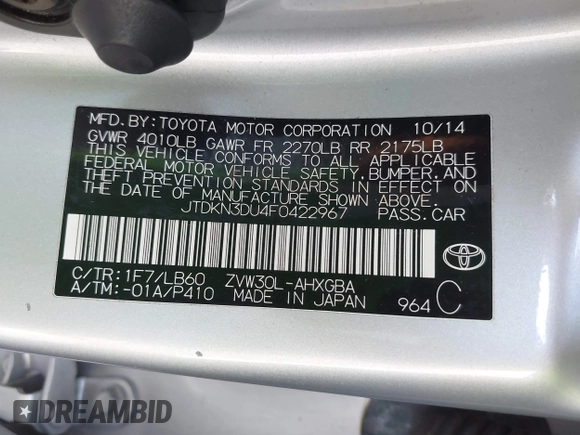 2015 Toyota Prius Four z VIN JTDKN3DU4F0422967, wystawiony jako IAAI lot #42279662 z przebiegiem 41 167 mil mil oraz . Historia ofert i sprzedaży dostępna na DreamBid. Obrazek 9.