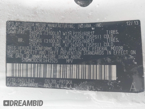 2014 Toyota Sienna XLE with VIN 5TDYK3DC9ES442525, listed as a IAAI auction lot 41502770 with Not provided miles and . Bid and sale history available at DreamBid. Image 9.