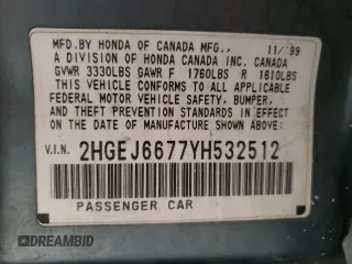 2000 Honda Civic LX with VIN 2HGEJ6677YH532512, listed as a Copart auction lot 75494574 with 160,317 mi miles and Salvage Title. Bid and sale history available at carsss.com. Image 14.