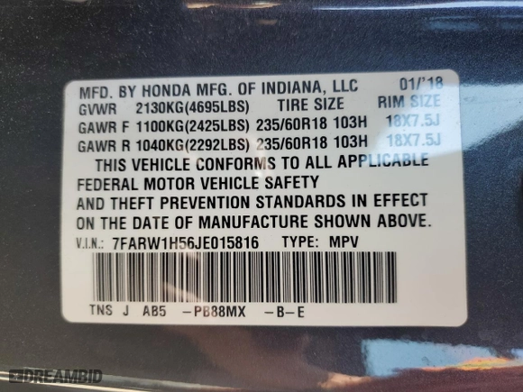 2018 Honda CR-V EX with VIN 7FARW1H56JE015816, listed as a Copart auction lot 48118265 with 142,822 mi miles and Salvage Title. Bid and sale history available at carsss.com. Image 15.