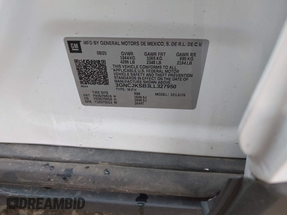 2020 Chevrolet Trax LS with VIN 3GNCJKSB3LL327950, listed as a IAAI auction lot 41827458 with 14,824 mi miles. Bid and sale history available at carsss.com. Image 9.